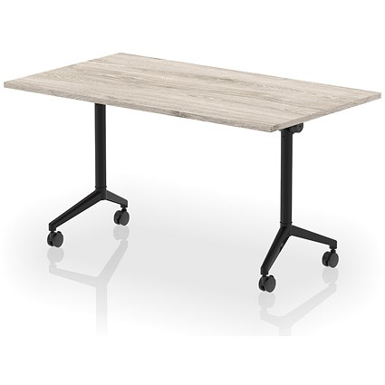 Impulse Plus Flip Rectangular Table, 1400mm Wide, Black Foot, Grey Oak