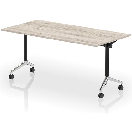 Impulse Plus Flip Rectangular Table, 1600mm Wide, Chrome Foot, Grey Oak