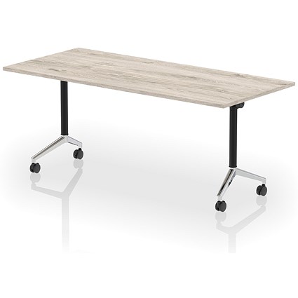 Impulse Plus Flip Rectangular Table, 1800mm Wide, Chrome Foot, Grey Oak