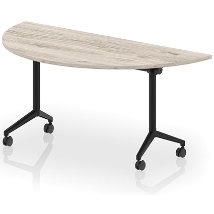 Impulse Plus Flip Semi-Circle Table, 1600mm Wide, Black Foot, Grey Oak