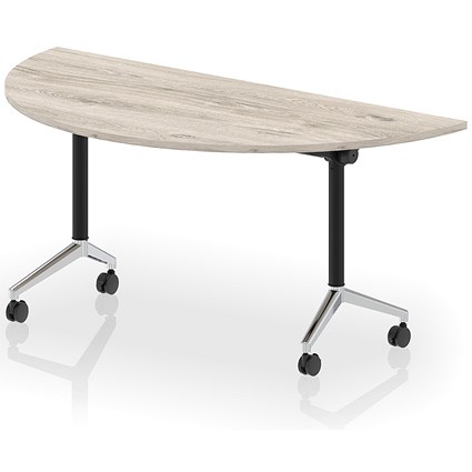 Impulse Plus Flip Semi-Circle Table, 1600mm Wide, Chrome Foot, Grey Oak
