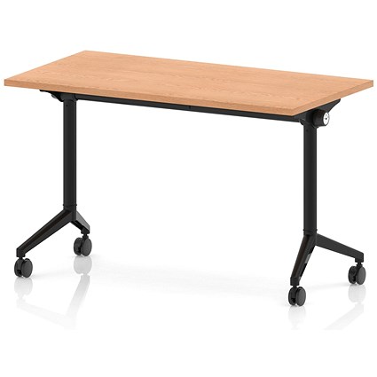 Impulse Plus Slim Flip Rectangular Table, 1200mm Wide, Black Foot, Oak