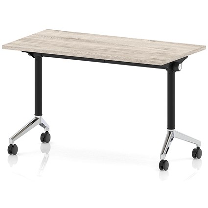 Impulse Plus Slim Flip Rectangular Table, 1200mm Wide, Chrome Foot, Grey Oak