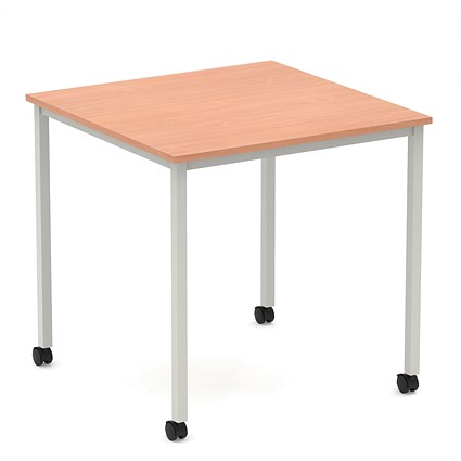 Impulse 800mm Straight Table Beech Top Silver Box Frame Leg with Castors