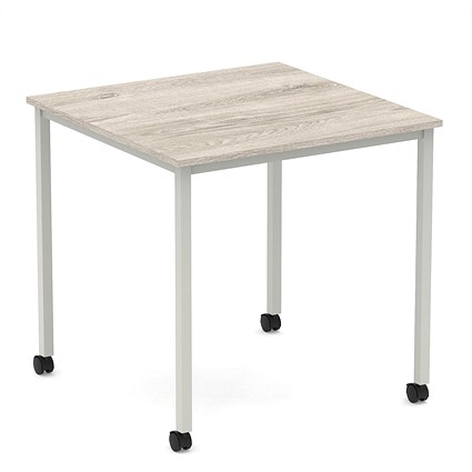 Impulse 800mm Straight Table Grey Oak Top Silver Box Frame Leg with Castors