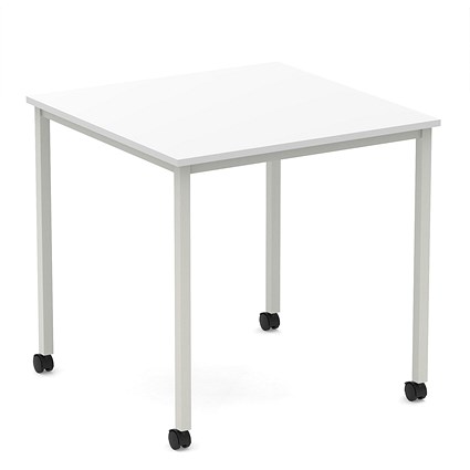 Impulse 800mm Straight Table White Top Silver Box Frame Leg with Castors