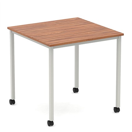 Impulse 800mm Straight Table Walnut Top Silver Box Frame Leg with Castors