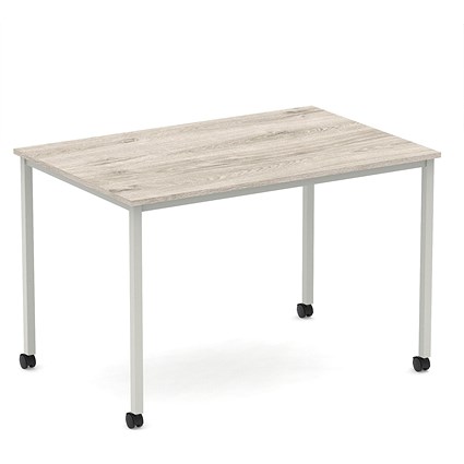 Impulse 1200mm Straight Table Grey Oak Top Silver Box Frame Leg with Castors
