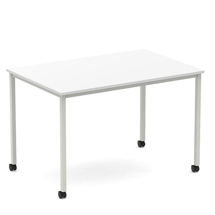 Impulse 1200mm Straight Table White Top Silver Box Frame Leg with Castors