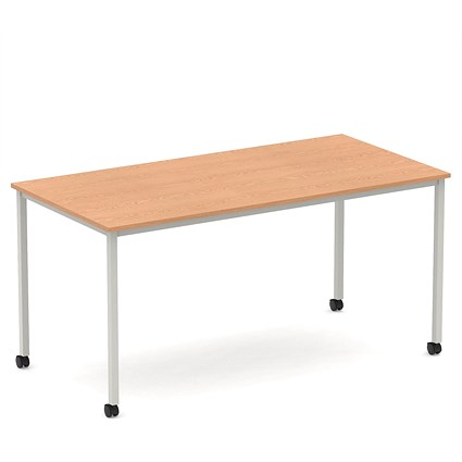 Impulse 1600mm Straight Table Oak Top Silver Box Frame Leg with Castors
