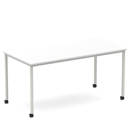 Impulse 1600mm Straight Table White Top Silver Box Frame Leg with Castors