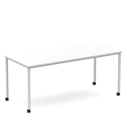 Impulse 1800mm Straight Table White Top Silver Box Frame Leg with Castors