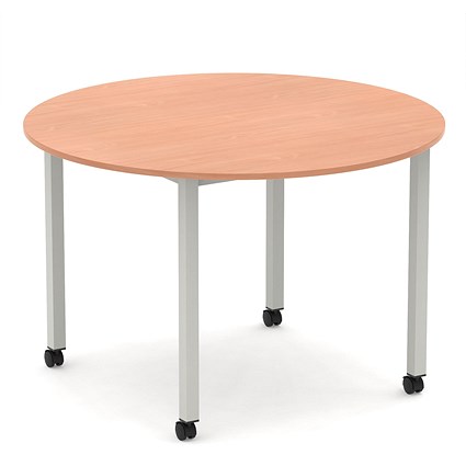 Impulse 1200mm Round Table Beech Top Silver Box Frame Leg with Castors
