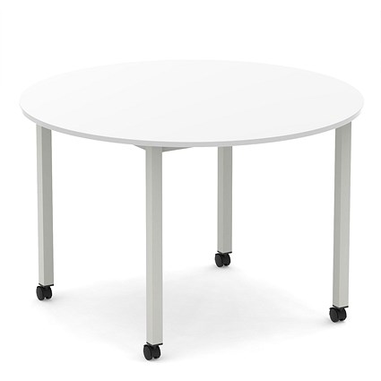 Impulse 1200mm Round Table White Top Silver Box Frame Leg with Castors