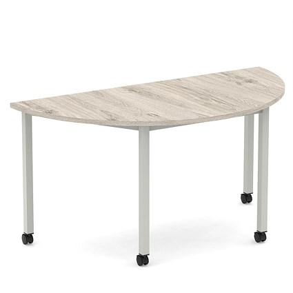 Impulse 1600mm Semi-Circle Table Grey Oak Top Silver Box Frame Leg with Castors