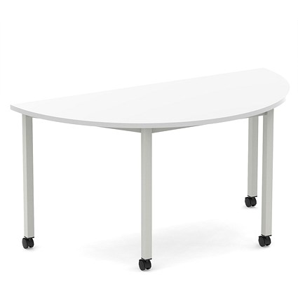 Impulse 1600mm Semi-Circle Table White Top Silver Box Frame Leg with Castors