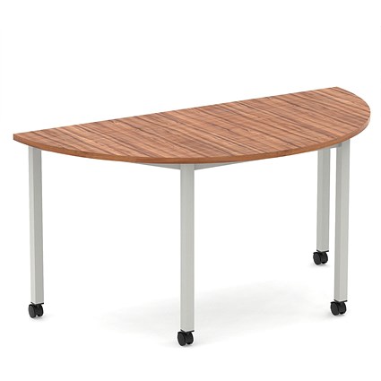Impulse 1600mm Semi-Circle Table Walnut Top Silver Box Frame Leg with Castors