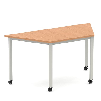 Impulse 1600mm Trapezium Oak Top Silver Box Frame Leg with Castors