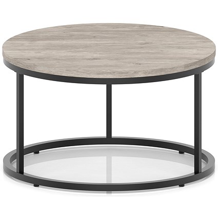 Impulse 800mm Round Coffee Table With Metal Frame Grey Oak Top Black Leg