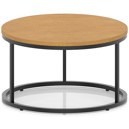 Impulse 800mm Round Coffee Table With Metal Frame Oak Top Black Leg