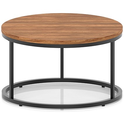 Impulse 800mm Round Coffee Table With Metal Frame Walnut Top Black Leg