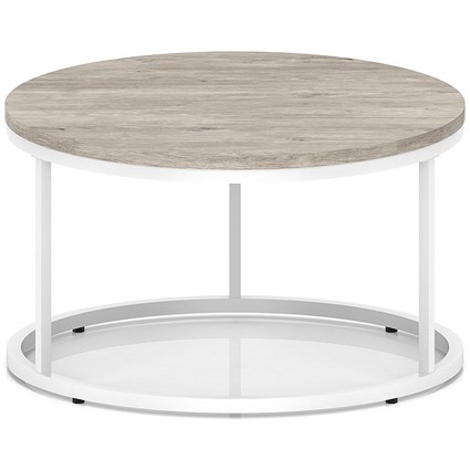 Impulse 800mm Round Coffee Table With Metal Frame Grey Oak Top White Leg
