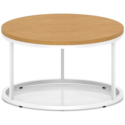 Impulse 800mm Round Coffee Table With Metal Frame Oak Top White Leg