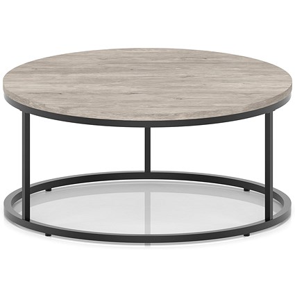 Impulse 1000mm Round Coffee Table With Metal Frame Grey Oak Top Black Leg