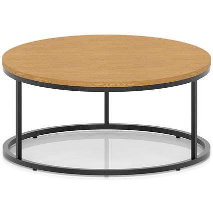Impulse 1000mm Round Coffee Table With Metal Frame Oak Top Black Leg