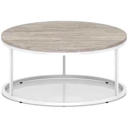 Impulse 1000mm Round Coffee Table With Metal Frame Grey Oak Top White Leg