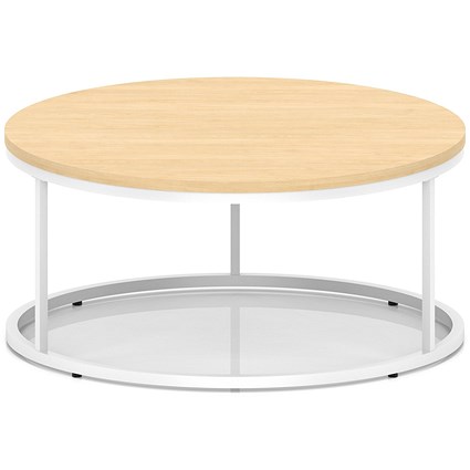 Impulse 1000mm Round Coffee Table With Metal Frame Maple Top White Leg