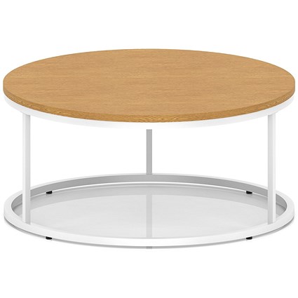 Impulse 1000mm Round Coffee Table With Metal Frame Oak Top White Leg