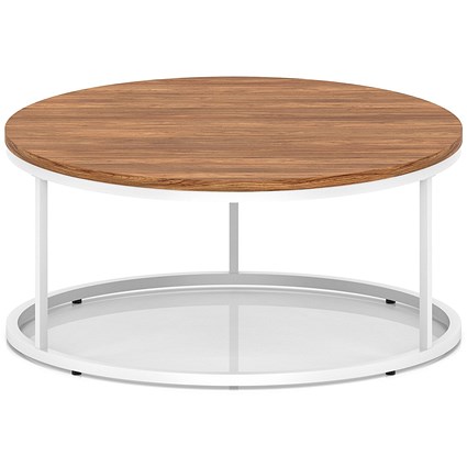 Impulse 1000mm Round Coffee Table With Metal Frame Walnut Top White Leg