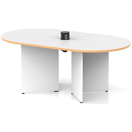 Impulse Volta 1800mm Boardroom Table With Black Pop-up Power Module White Top With Natural Wood Edge Arrowhead Leg