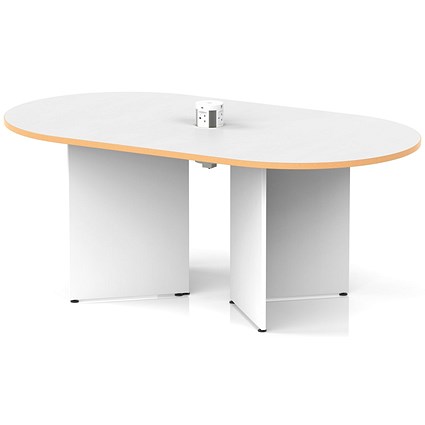 Impulse Volta 1800mm Boardroom Table With White Pop-up Power Module White Top With Natural Wood Edge Arrowhead Leg