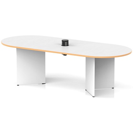 Impulse Volta 2400mm Boardroom Table With Black Pop-up Power Module White Top With Natural Wood Edge Arrowhead Leg