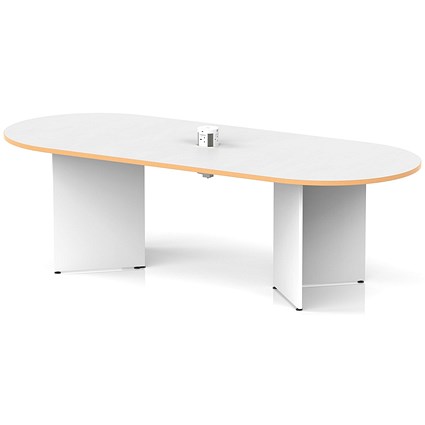 Impulse Volta 2400mm Boardroom Table With White Pop-up Power Module White Top With Natural Wood Edge Arrowhead Leg