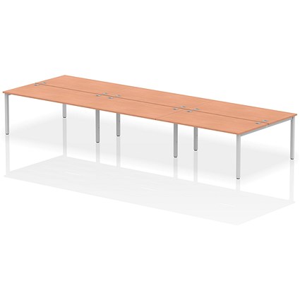 Impulse 6 Person Bench Desk, Back to Back, 6 x 1600mm (800mm Deep), Silver Frame, Beech