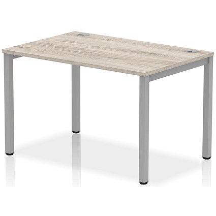 Impulse Bench Single Row 1200 Silver Frame Office Bench Desk Grey Oak Impulse Bench Single Row 1200 Silver Frame Office Bench Desk Grey Oak