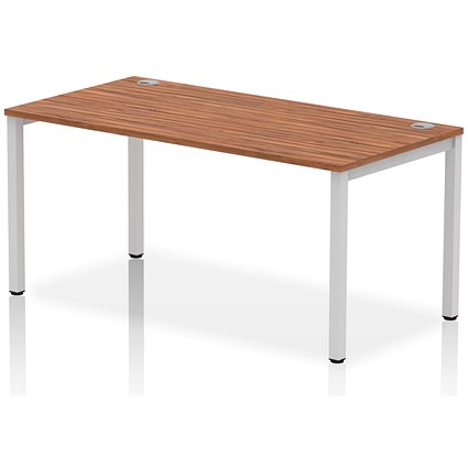 Impulse Bench Single Row 1600 Silver Frame Office Bench Desk Walnut