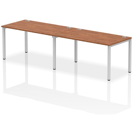 Impulse 2 Person Bench Desk, Side by Side, 2 x 1400mm (800mm Deep), Silver Frame, Walnut