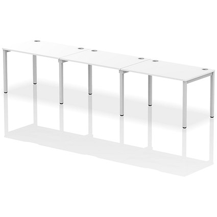 Impulse 3 Person Bench Desk, Side by Side, 3 x 1200mm (800mm Deep), Silver Frame, White