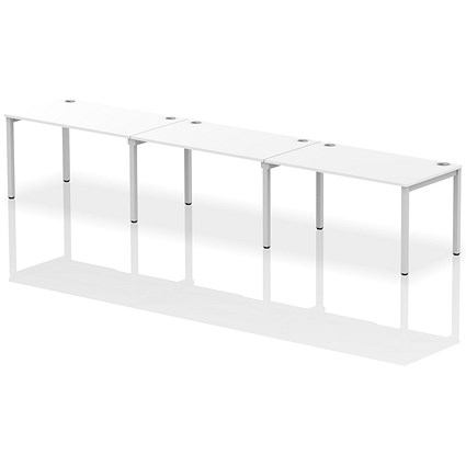 Impulse 3 Person Bench Desk, Side by Side, 3 x 1400mm (800mm Deep), Silver Frame, White