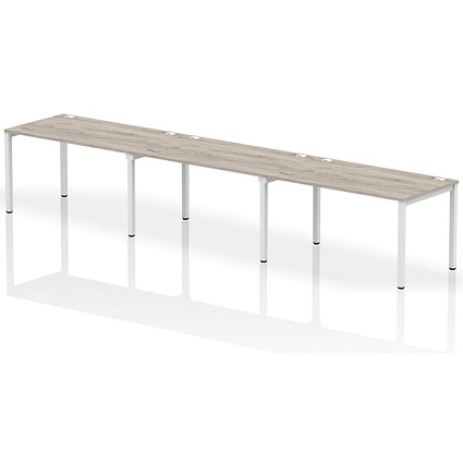 Impulse 3 Person Bench Desk, Side by Side, 3 x 1400mm (800mm Deep), White Frame, Grey Oak