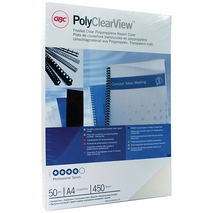 GBC PolyClearView Binding Covers, A4, Frosted Clear, Pack of 50