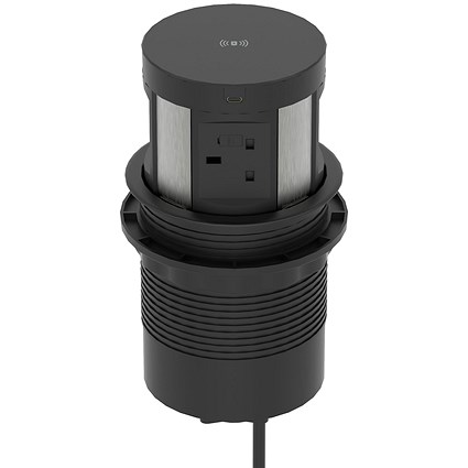 Volta Round 120mm Pop Up Power Unit Module with Wireless Charger (5w) / 4xSocket (Individually 5A Fuse)/ 1xUSBa & 1xUSBc (15.5w shared)/ 1xHDMI (1.4)/