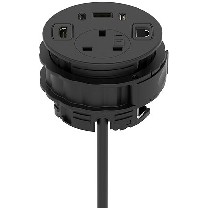 Volta Round 80mm Power Unit Module 1xSocket (3.15A Fuse) / 1xUSBa & 2xUSBc (45w shared)/ 1xHDMI (1.4)/ 1xCAT 6Data Port - Black with 2metre Mains Lead