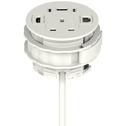 Volta Round 80mm Power Unit Module 1xSocket (3.15A Fuse) / 1xUSBa & 2xUSBc (45w shared)/ 1xHDMI (1.4)/ 1xCAT 6Data Port - White with 2metre Mains Lea