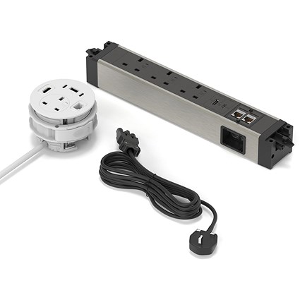 Volta Power Kit - Desktop Cable Port Module White + Under Desk Module + 2m Mains Cable UK Plug - Total 4xSocket/ 2xUSBa/ 3xUSBc/ 1xHDMI/ 3xCAT6