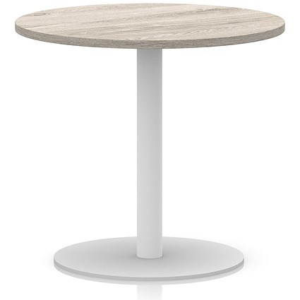 Italia Poseur Round Table, 800mm Wide, 720mm High, White Leg, Grey Oak